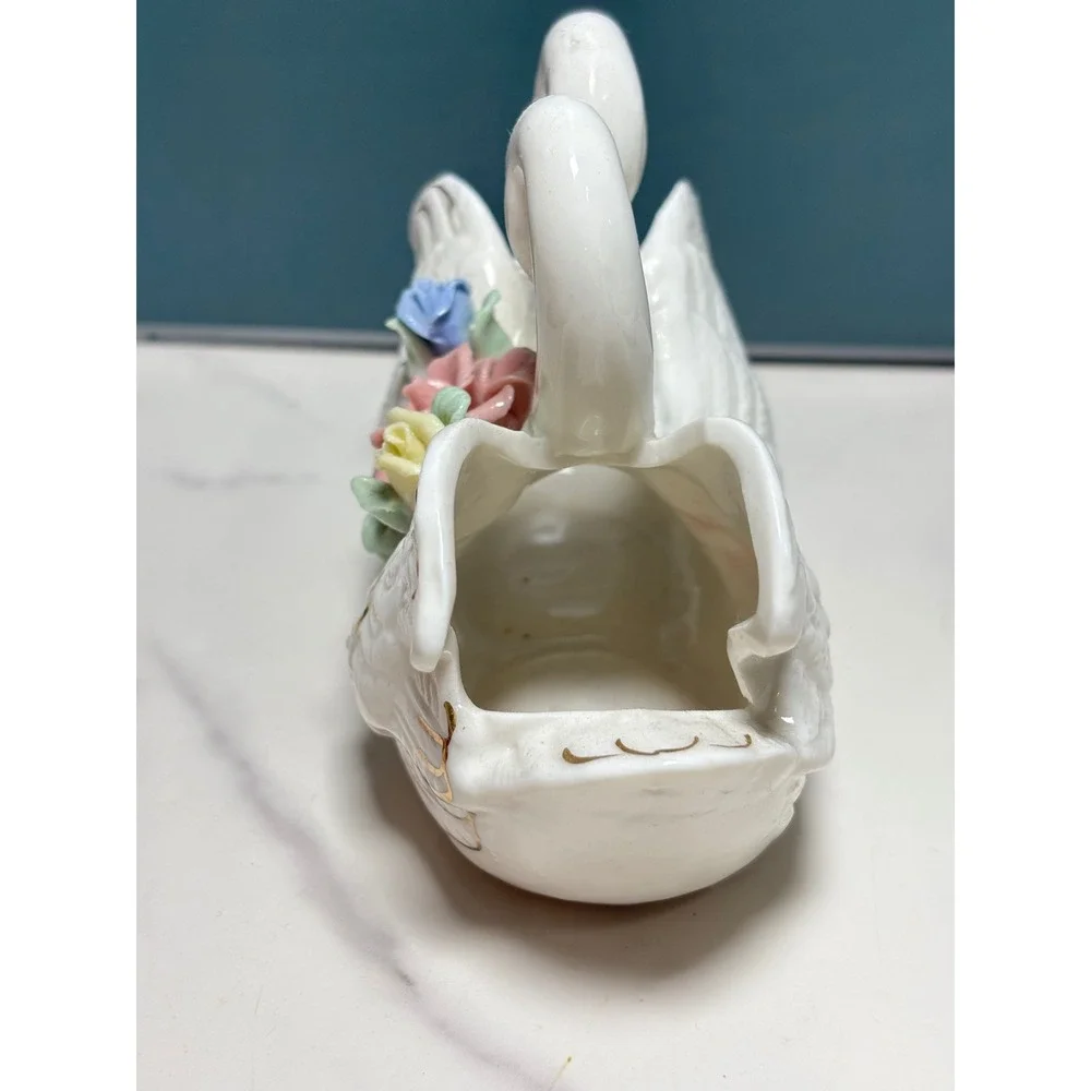 Vintage Porcelain Double Swan Planter Trinket Ring Dish Applied Roses White